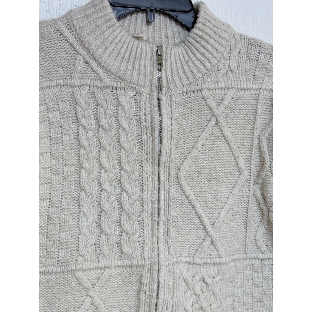 Hem & Thread Cream Cable Knit Patchwork Zip Up Cardigan Sweater Mock Neck Small